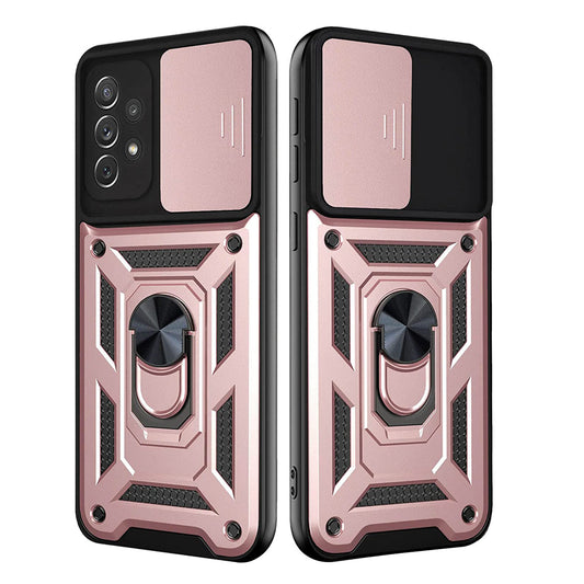 Kickstand Ring Holder with Slide Camera Cover TPU Shockproof Case and Magnetic Car Mount for SAMSUNG GALAXY A72 5G In Rose Gold - Crystal Clear & Reliable
