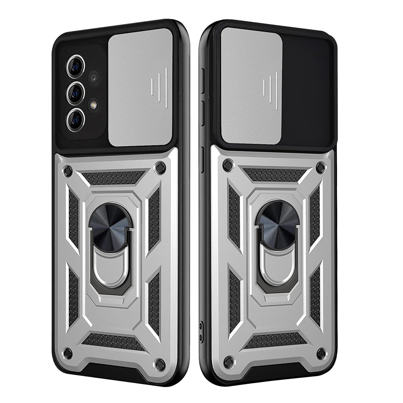 Kickstand Ring Holder with Slide Camera Cover TPU Shockproof Case and Magnetic Car Mount for SAMSUNG GALAXY A72 5G In Silver - Durable & Reliable
