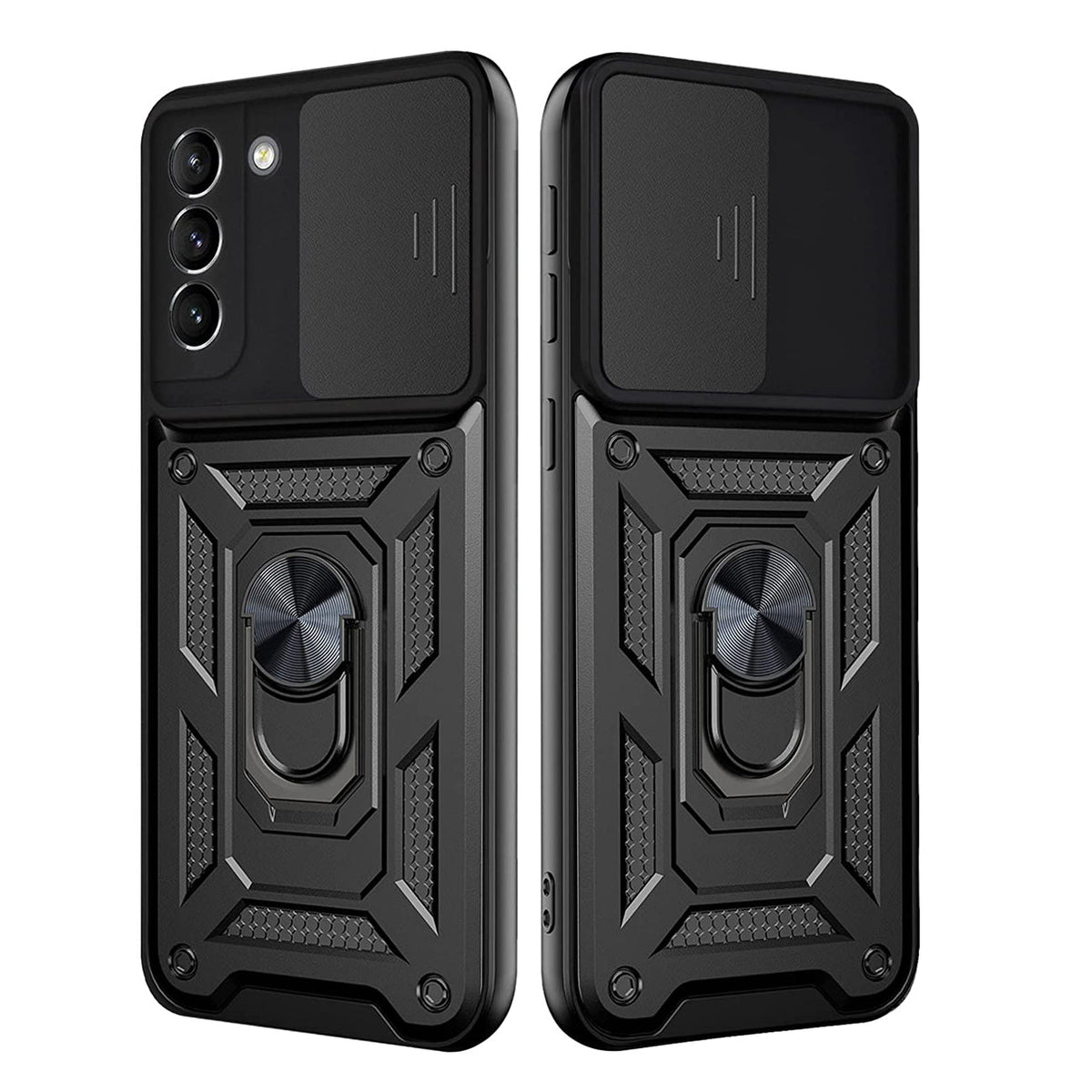 Kickstand Ring Holder with Slide Camera Cover TPU Shockproof Case and Magnetic Car Mount for SAMSUNG GALAXY S21 FE In Black - Shockproof & Reliable