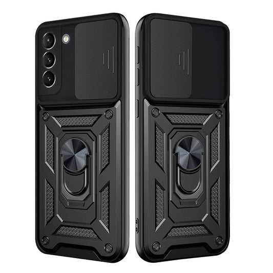 Kickstand Ring Holder with Slide Camera Cover TPU Shockproof Case and Magnetic Car Mount for SAMSUNG GALAXY S21 FE In Black - Shockproof & Reliable