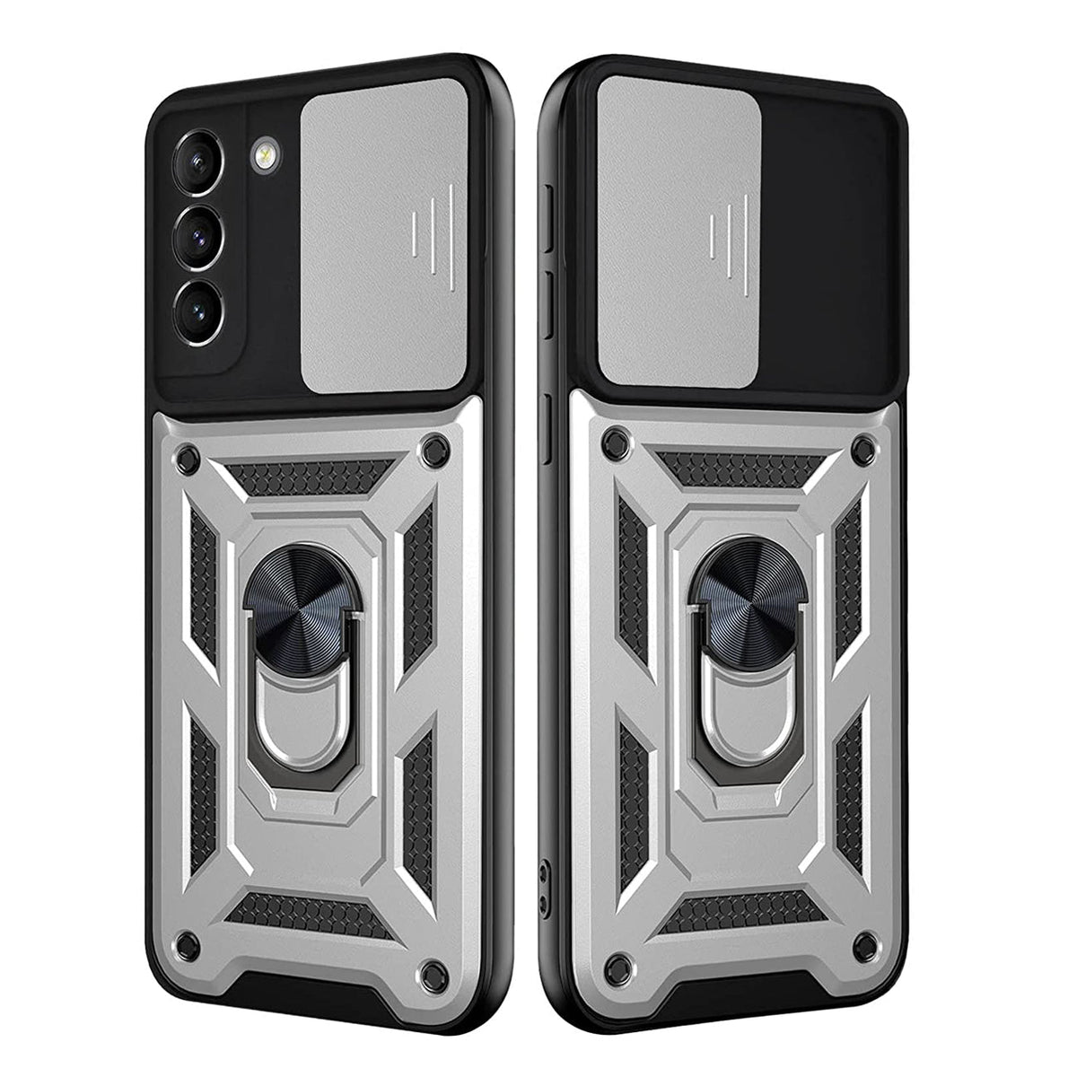 Kickstand Ring Holder with Slide Camera Cover TPU Shockproof Case and Magnetic Car Mount for SAMSUNG GALAXY S21 FE In Silver - Shockproof & Reliable