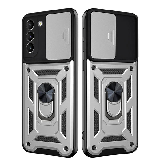 Kickstand Ring Holder with Slide Camera Cover TPU Shockproof Case and Magnetic Car Mount for SAMSUNG GALAXY S21 FE In Silver - Shockproof & Reliable