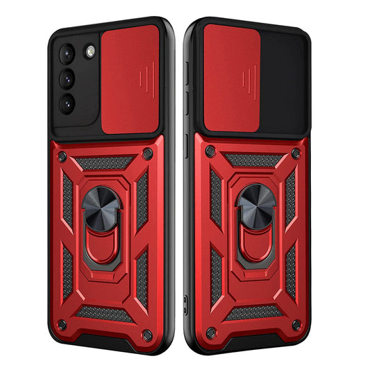 Kickstand Ring Holder with Slide Camera Cover TPU Shockproof Case and Magnetic Car Mount for SAMSUNG GALAXY S21/S30 In Red - Durable & Reliable