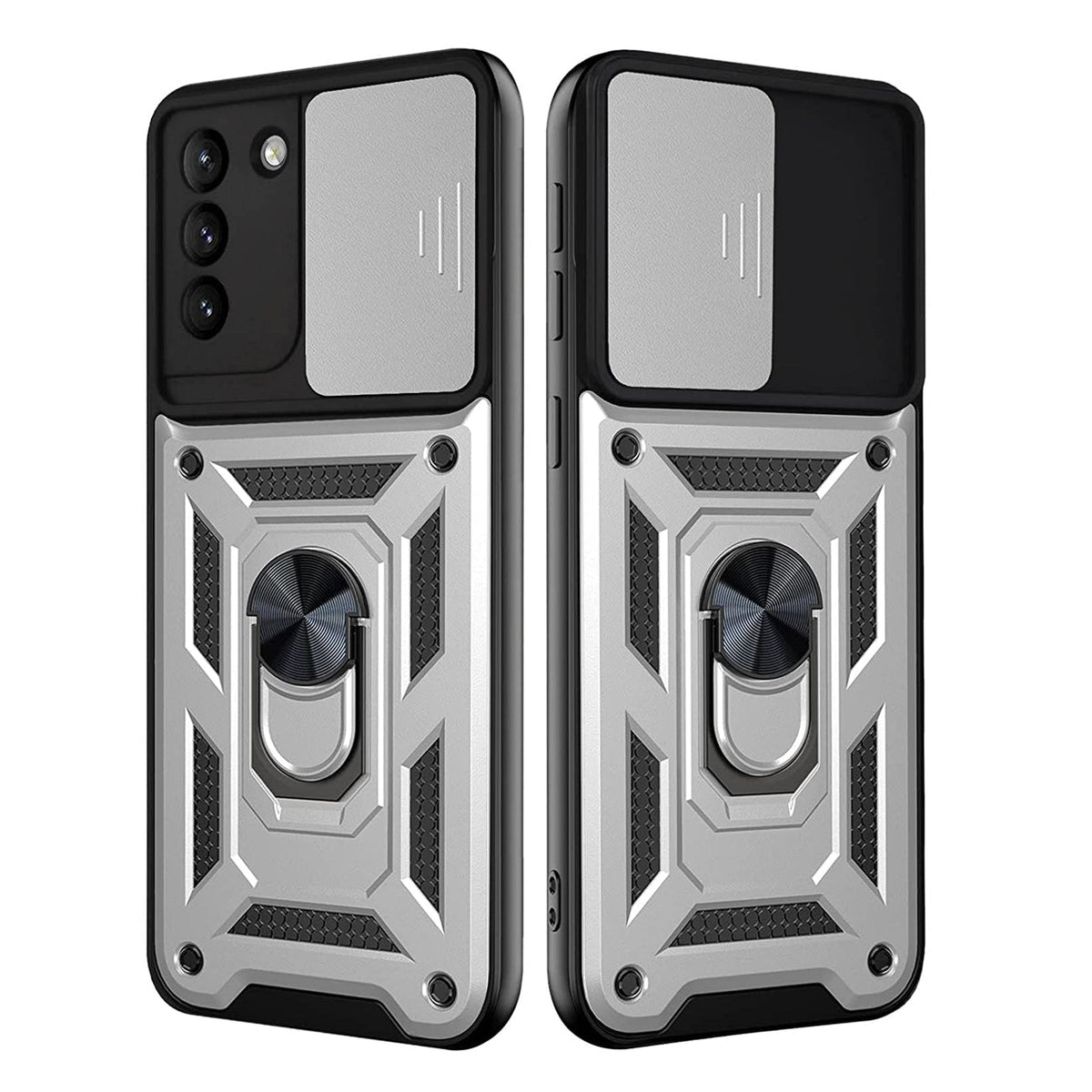 Kickstand Ring Holder with Slide Camera Cover TPU Shockproof Case and Magnetic Car Mount for SAMSUNG GALAXY S21/S30 In Silver - Crystal Clear & Reliable