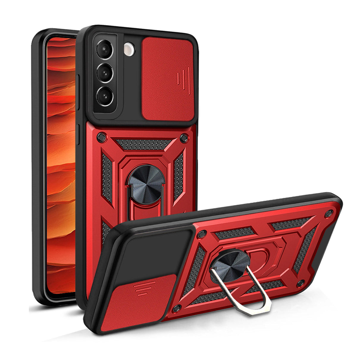 Kickstand Ring Holder & Slide Camera Cover Magnetic Car Mount for SAMSUNG GALAXY S22 PLUS In Red - Heavy Duty & Reliable
