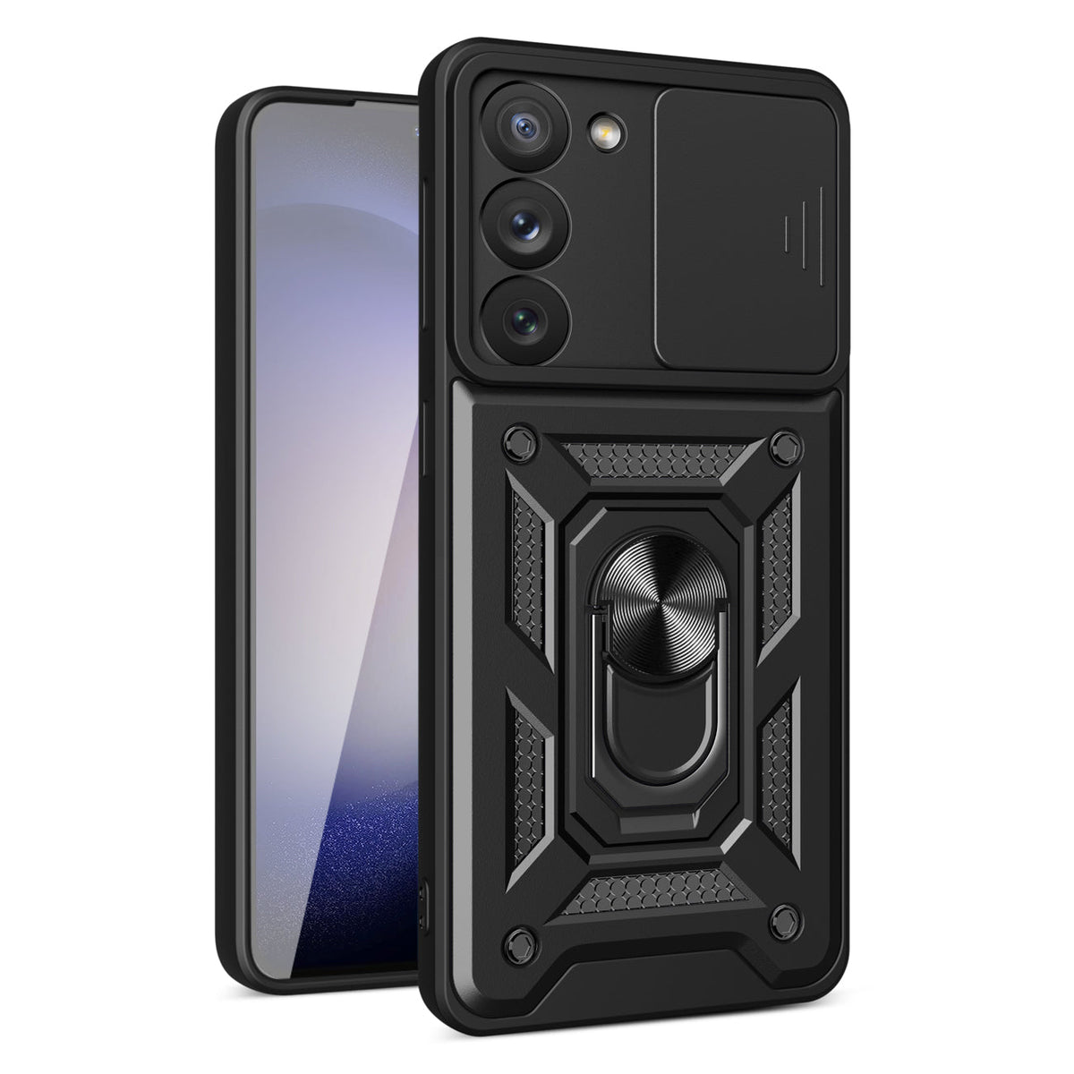 Kickstand Ring Holder with Slide Camera Cover TPU Magnetic Car Mount for GALAXY S23 In Black - Crystal Clear & Reliable