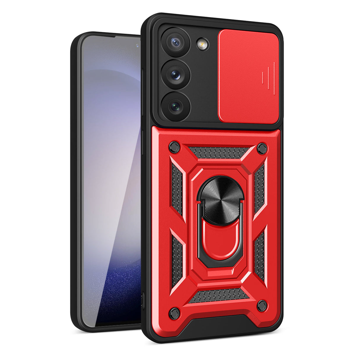 Kickstand Ring Holder with Slide Camera Cover TPU Magnetic Car Mount for GALAXY S23 PLUS In Red - Heavy Duty & Reliable