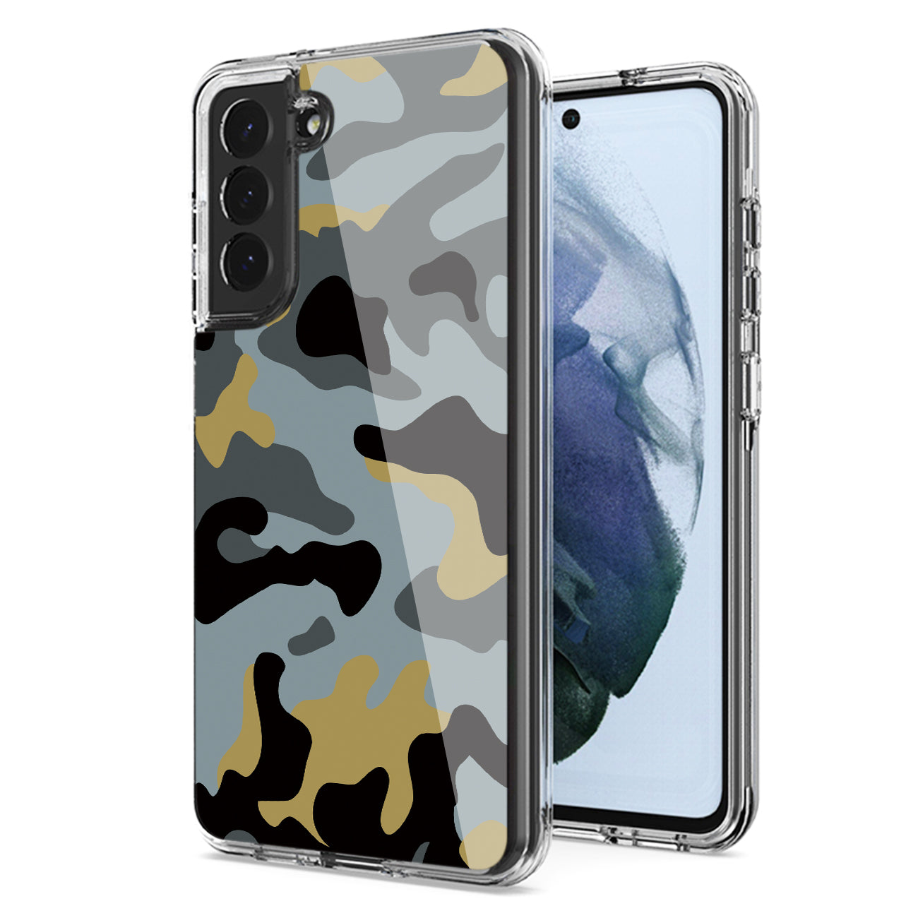 Camouflage Dual Layer Hybrid Hard Plastic and Soft TPU Rubber Case Cover for SAMSUNG GALAXY S21 FE In Blue - Shockproof & Reliable