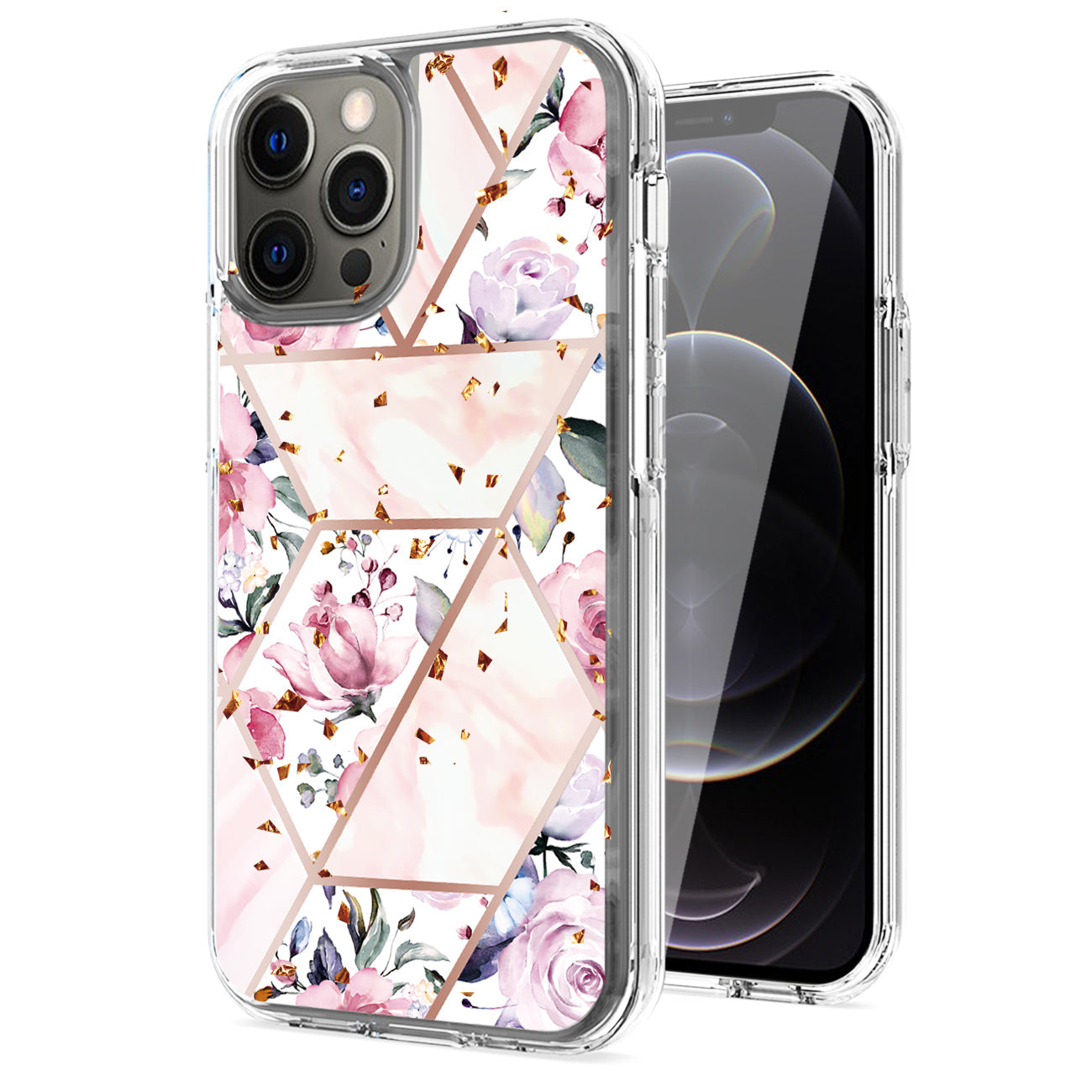 IPHONE 12 PRO Compatible Flower Design Pattern Printing Dual Layer Hybrid Hard Plastic and Soft TPU Rubber Case Cover for APPLE IPHONE 12 PRO MAX In Pink Base Flower - Shockproof Protection by