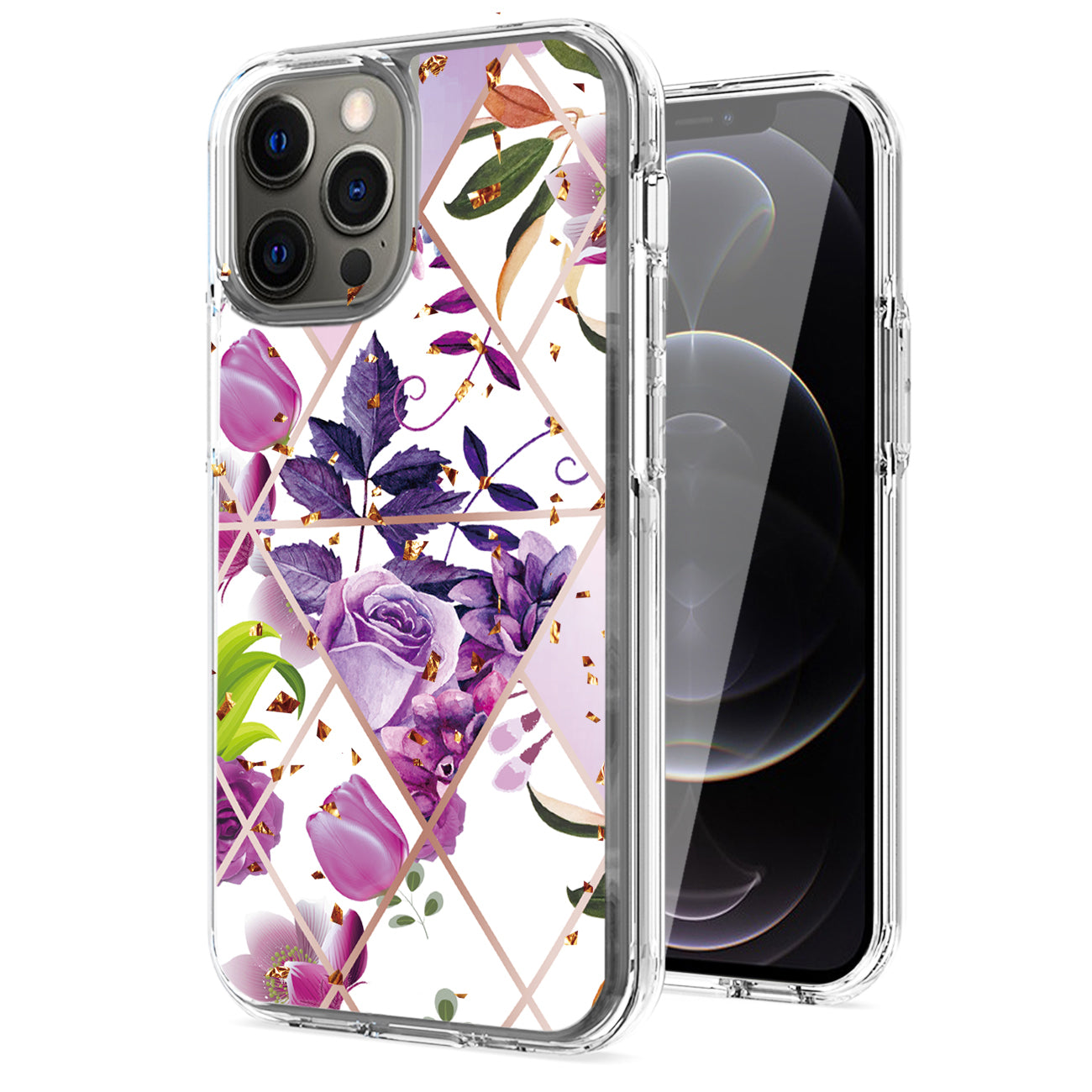 IPHONE 12 PRO Compatible Flower Design Pattern Printing Dual Layer Hybrid Hard Plastic and Soft TPU Rubber Case Cover for APPLE IPHONE 12 PRO MAX In Purple Base Flower - Durable Protection by