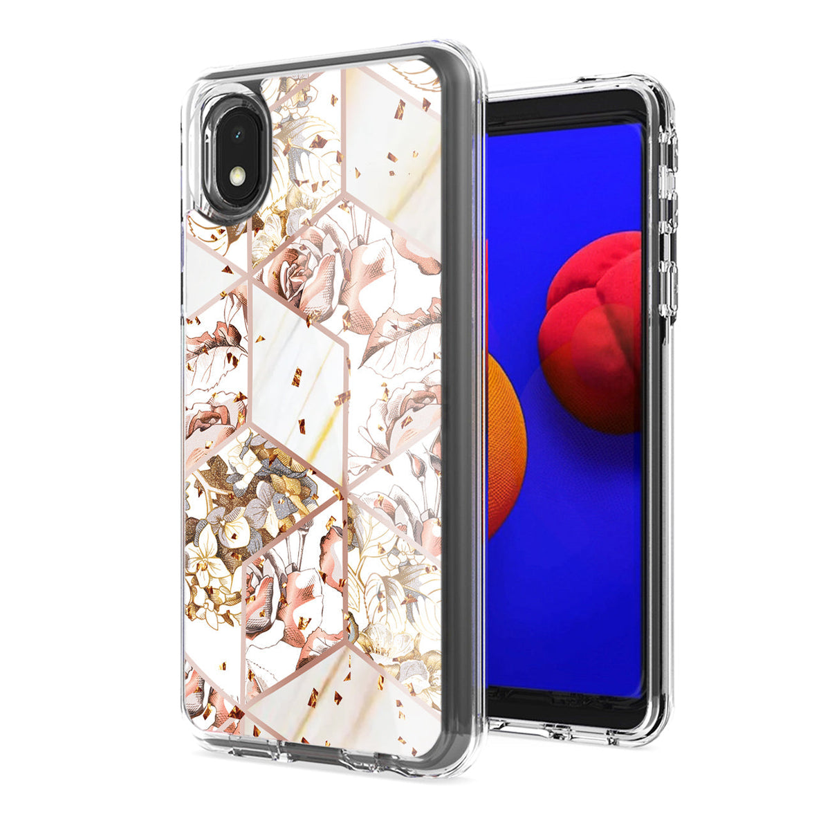 Flower Design Pattern Printing Dual Layer Hybrid Hard Plastic and Soft TPU Rubber Case Cover for SAMSUNG GALAXY A01 CORE In White Base Flower - Heavy Duty & Reliable