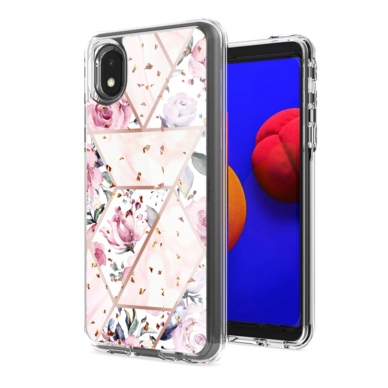 Flower Design Pattern Printing Dual Layer Hybrid Hard Plastic and Soft TPU Rubber Case Cover for SAMSUNG GALAXY A01 CORE In Pink Base Flower - Shockproof & Reliable