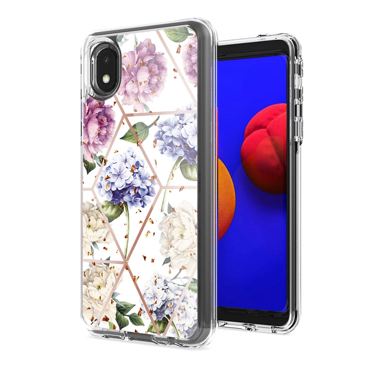 Flower Design Pattern Printing Dual Layer Hybrid Hard Plastic and Soft TPU Rubber Case Cover for SAMSUNG GALAXY A01 CORE In Light Purple Base Flower - Durable & Reliable