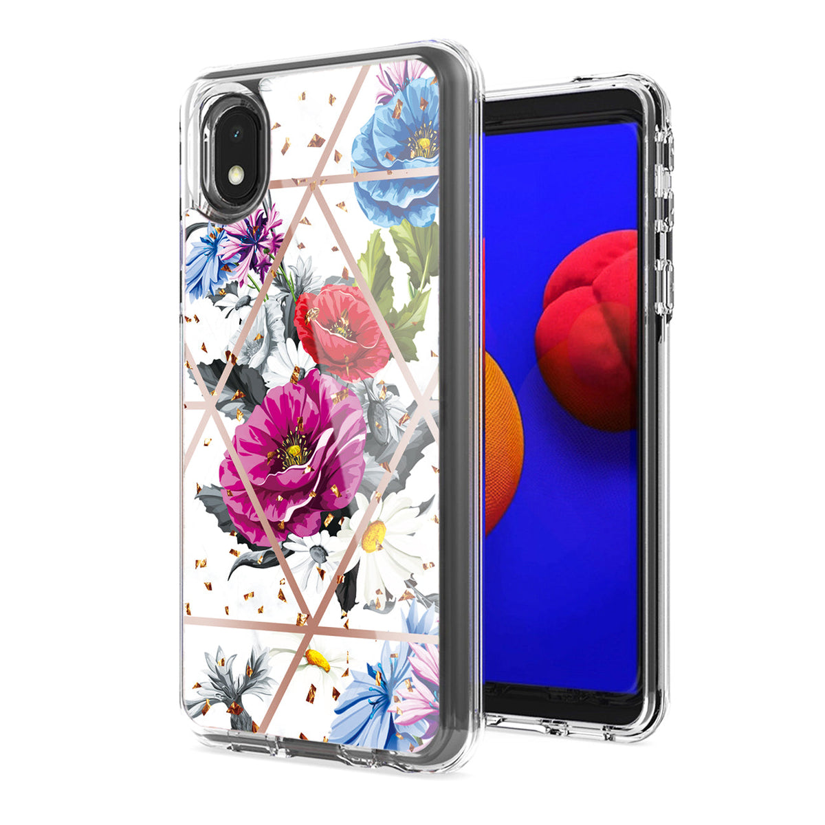 Flower Design Pattern Printing Dual Layer Hybrid Hard Plastic and Soft TPU Rubber Case Cover for SAMSUNG GALAXY A01 CORE In Blue Base flower - Ultra-Slim & Reliable