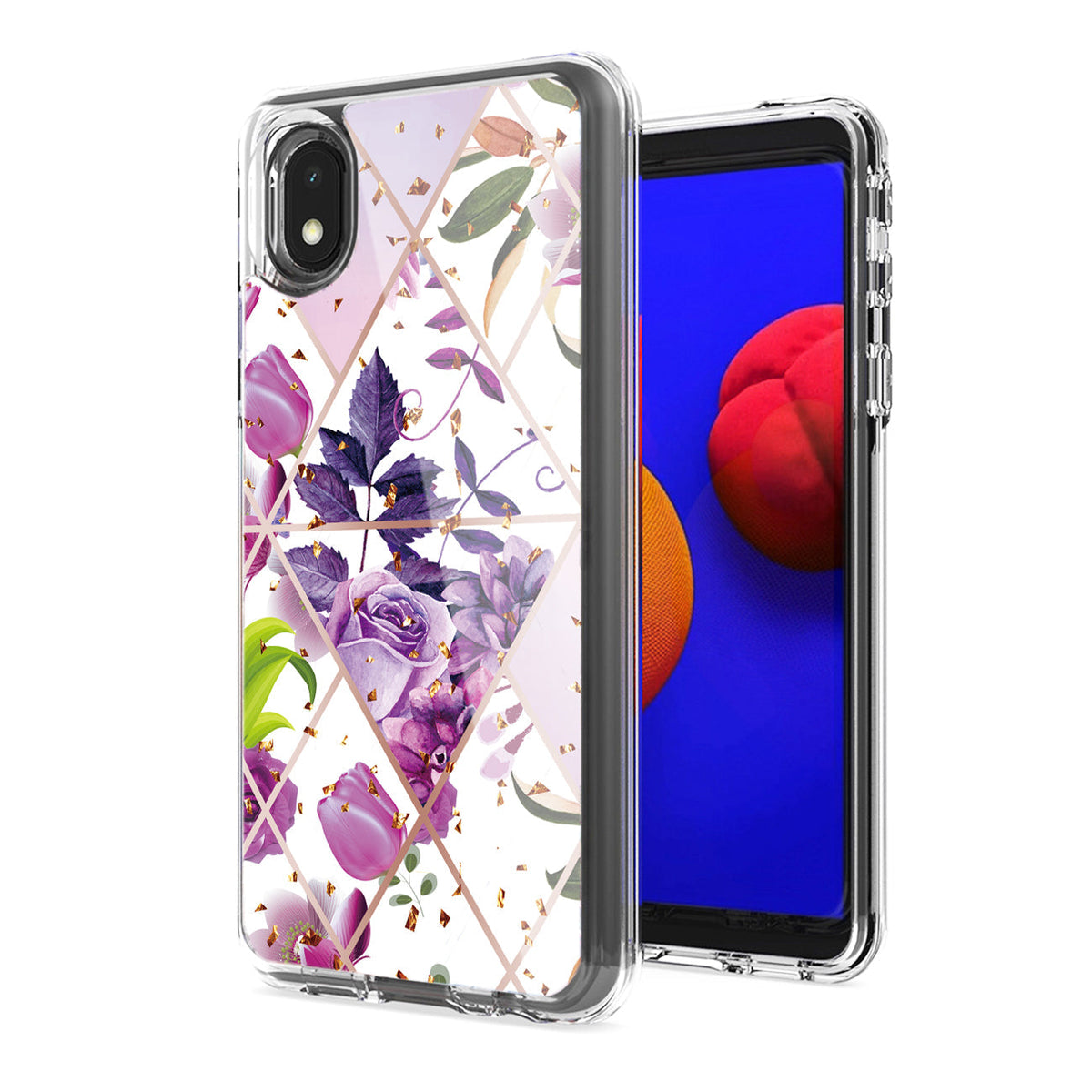 Flower Design Pattern Printing Dual Layer Hybrid Hard Plastic and Soft TPU Rubber Case Cover for SAMSUNG GALAXY A01 CORE In Purple Base Flower - Shockproof & Reliable