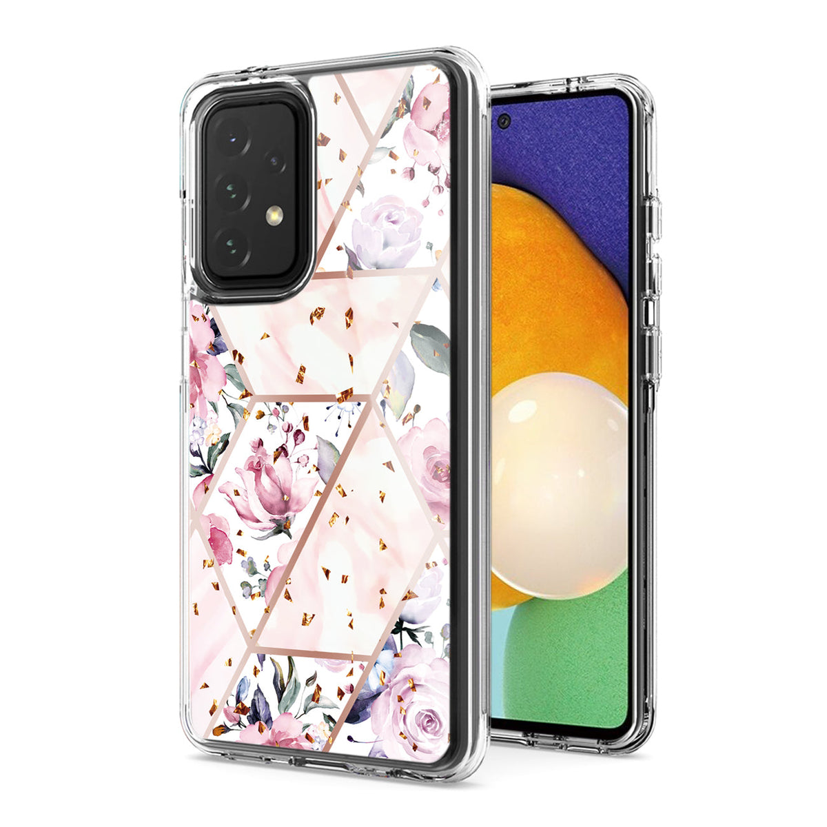 Flower Design Pattern Printing Dual Layer Hybrid Hard Plastic and Soft TPU Rubber Case Cover for SAMSUNG GALAXY A52 5G In Pink Base Flower - Shockproof & Reliable