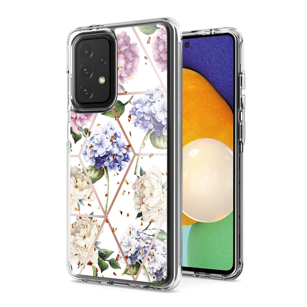 Flower Design Pattern Printing Dual Layer Hybrid Hard Plastic and Soft TPU Rubber Case Cover for SAMSUNG GALAXY A52 5G In Light Purple Base Flower - Durable & Reliable