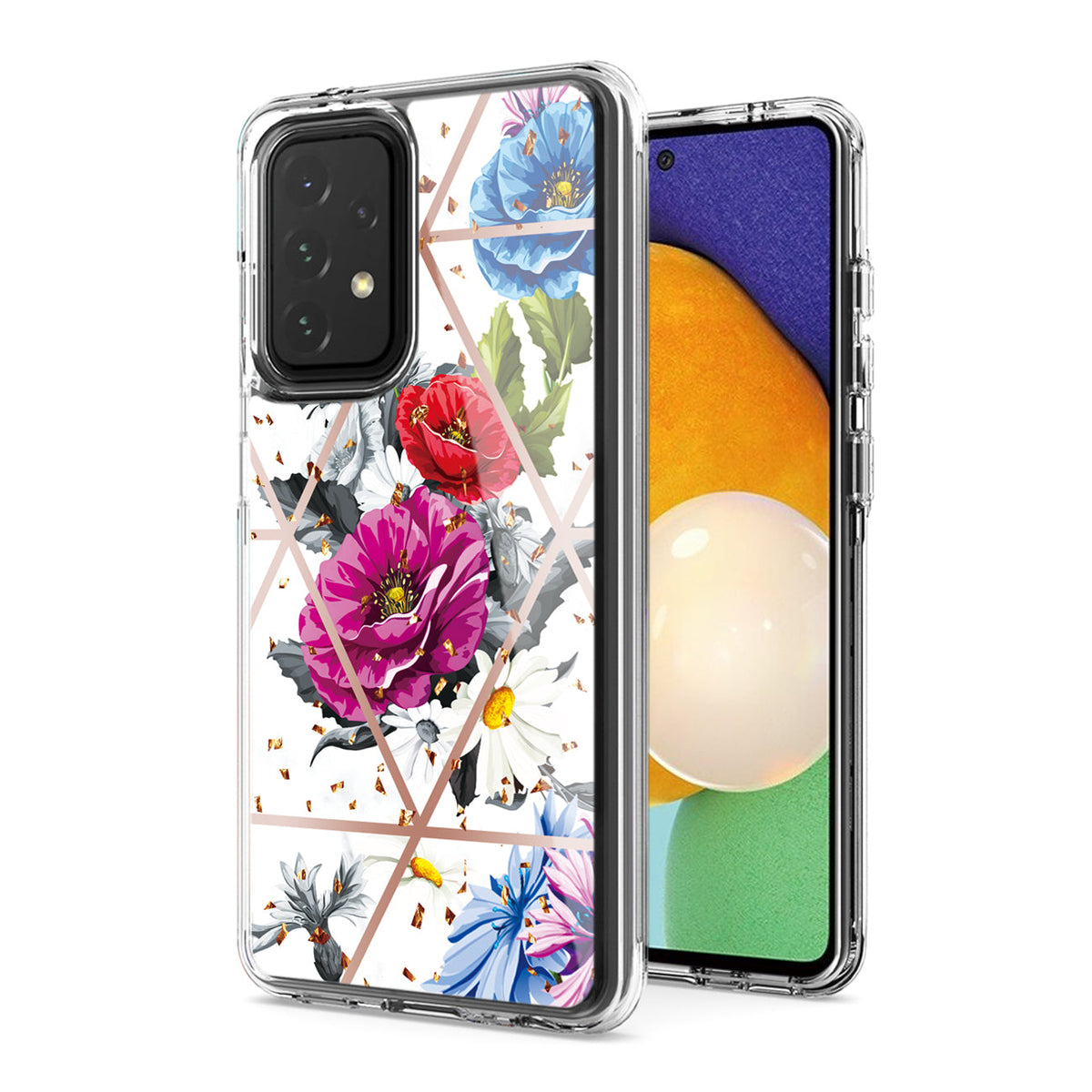 Flower Design Pattern Printing Dual Layer Hybrid Hard Plastic and Soft TPU Rubber Case Cover for SAMSUNG GALAXY A52 5G In Blue Base flower - Shockproof & Reliable