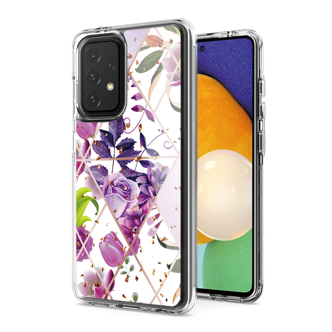 Flower Design Pattern Printing Dual Layer Hybrid Hard Plastic and Soft TPU Rubber Case Cover for SAMSUNG GALAXY A52 5G In Purple Base Flower - Heavy Duty & Reliable