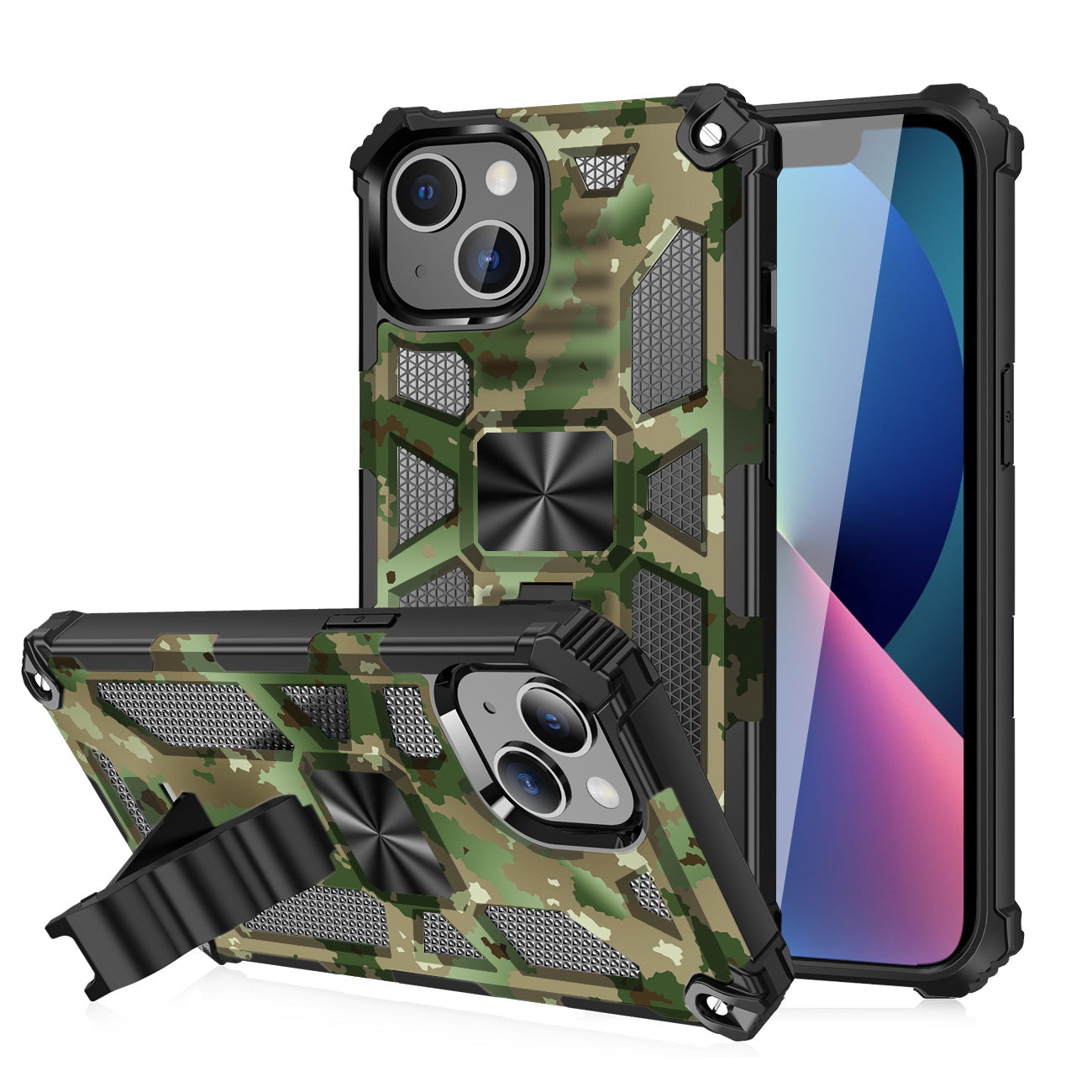 IPHONE 13 Compatible Built-in Kickstand TPU Case with Magnetic Mount for APPLE IPHONE 13 in Camouflage - Heavy Duty Protection by