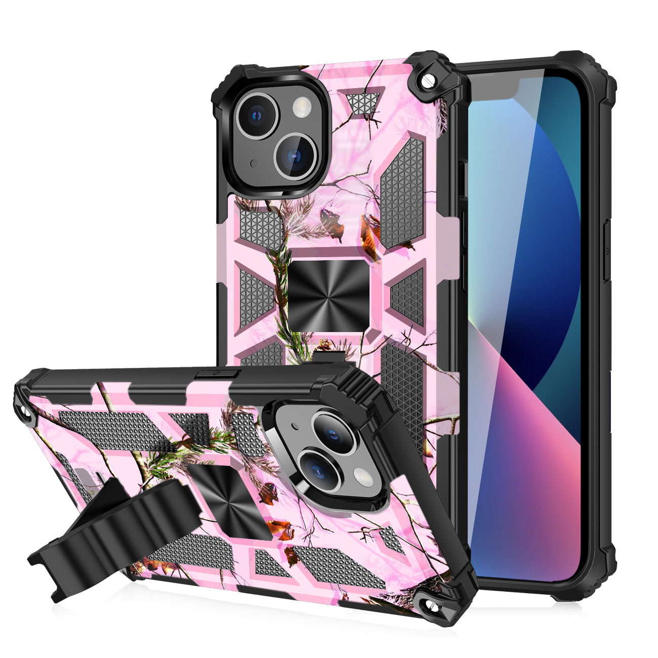 IPHONE 13 Compatible Built-in Kickstand TPU Case with Magnetic Mount for APPLE IPHONE 13 in Tree leaf patterns - Heavy Duty Protection by