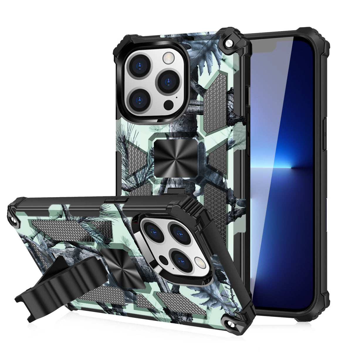 IPHONE 13 PRO Compatible Built-in Kickstand TPU Case with Magnetic Mount for APPLE IPHONE 13 PRO MAX in Tree leaf patterns - Premium Protection by