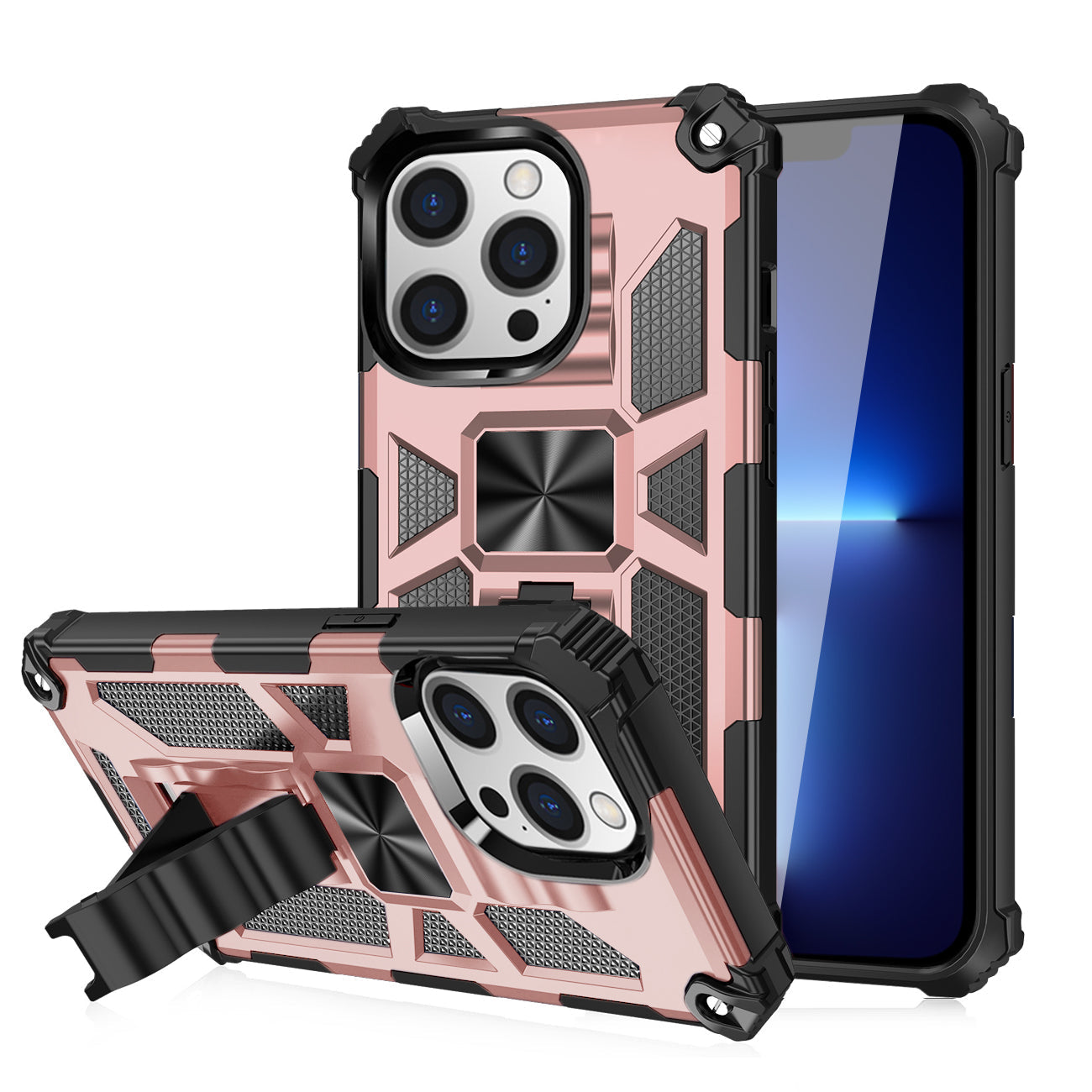 IPHONE 13 PRO Compatible Built-in Kickstand TPU Case with Magnetic Mount for APPLE IPHONE 13 PRO MAX in Rose Gold - Crystal Clear Protection by