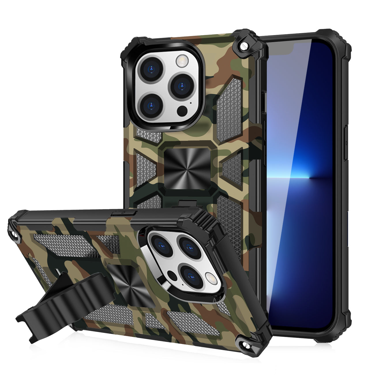 IPHONE 13 PRO Compatible Built-in Kickstand TPU Case with Magnetic Mount for APPLE IPHONE 13 PRO in Camouflage - Premium Protection by