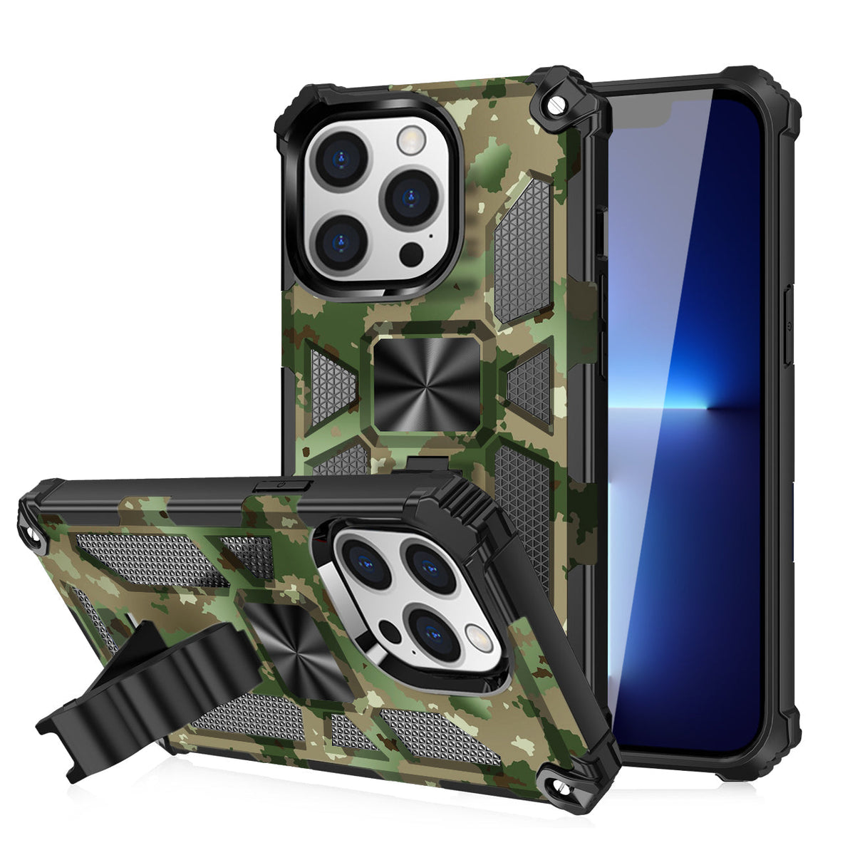 IPHONE 13 PRO Compatible Built-in Kickstand TPU Case with Magnetic Mount for APPLE IPHONE 13 PRO in Camouflage - Ultra-Slim Protection by