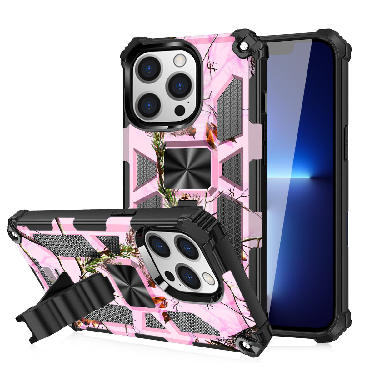IPHONE 13 PRO Compatible Built-in Kickstand TPU Case with Magnetic Mount for APPLE IPHONE 13 PRO in Tree leaf patterns - Heavy Duty Protection by