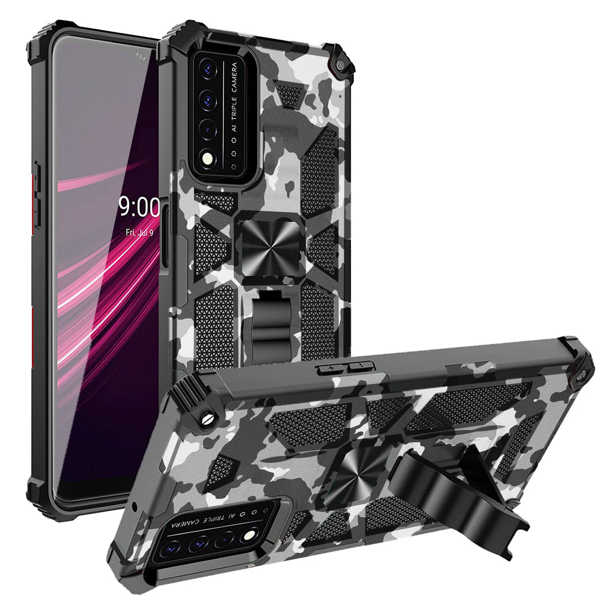Built-in Kickstand TPU Case with Magnetic Mount for REVVL 5G in Camouflage - Crystal Clear & Reliable