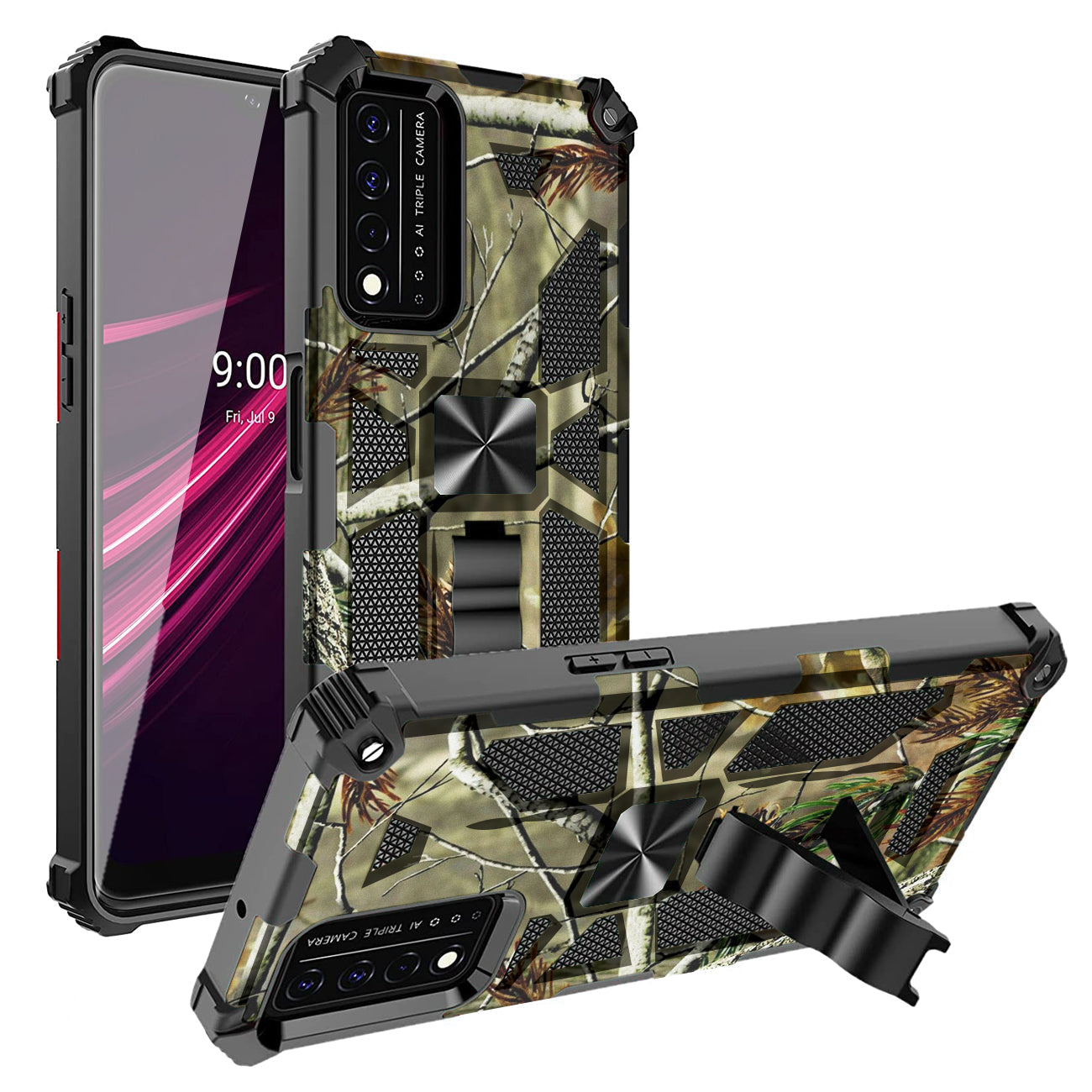 Built-in Kickstand TPU Case with Magnetic Mount for REVVL 5G in Tree leaf patterns - Heavy Duty & Reliable