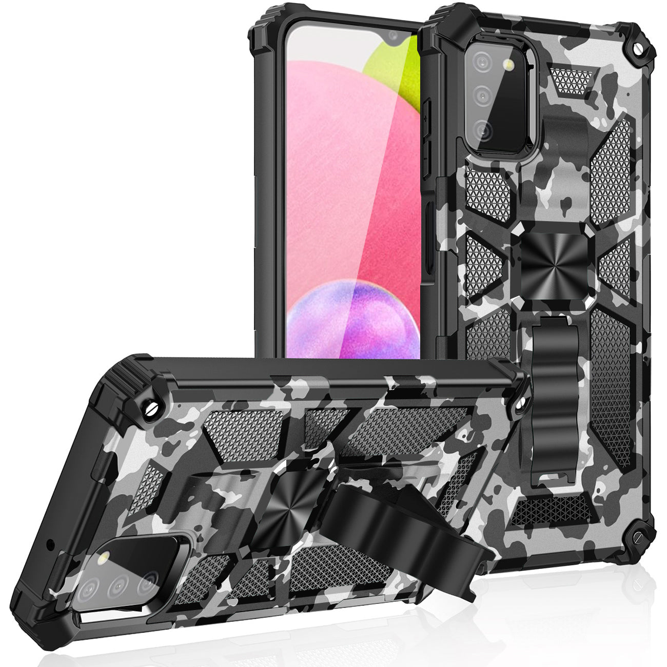 Built-in Kickstand TPU Case with Magnetic Mount for SAMSUNG GALAXY A02S in Camouflage - Heavy Duty & Reliable