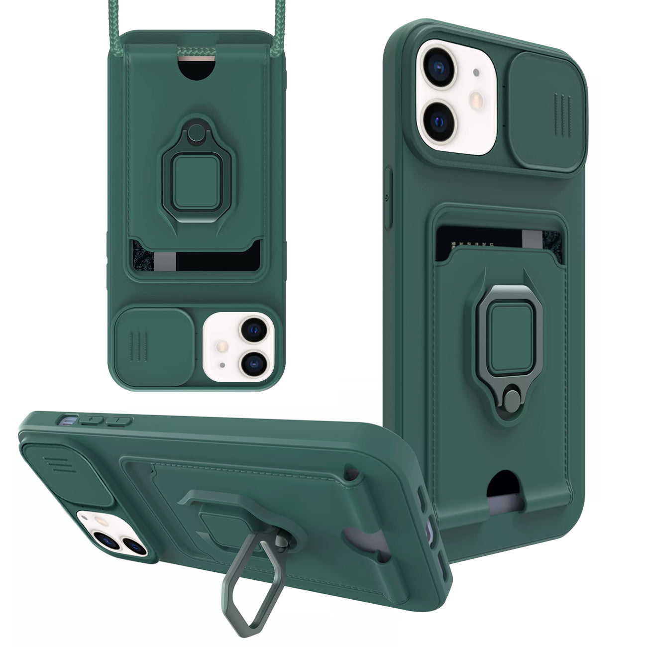 iPhone 12 Compatible High Quality iPhone 12 Case with Camera cover, Kickstand, Slide lens protection, Magnetic ring stand, Crossbody strap and Card holder In Green - Heavy Duty Protection by