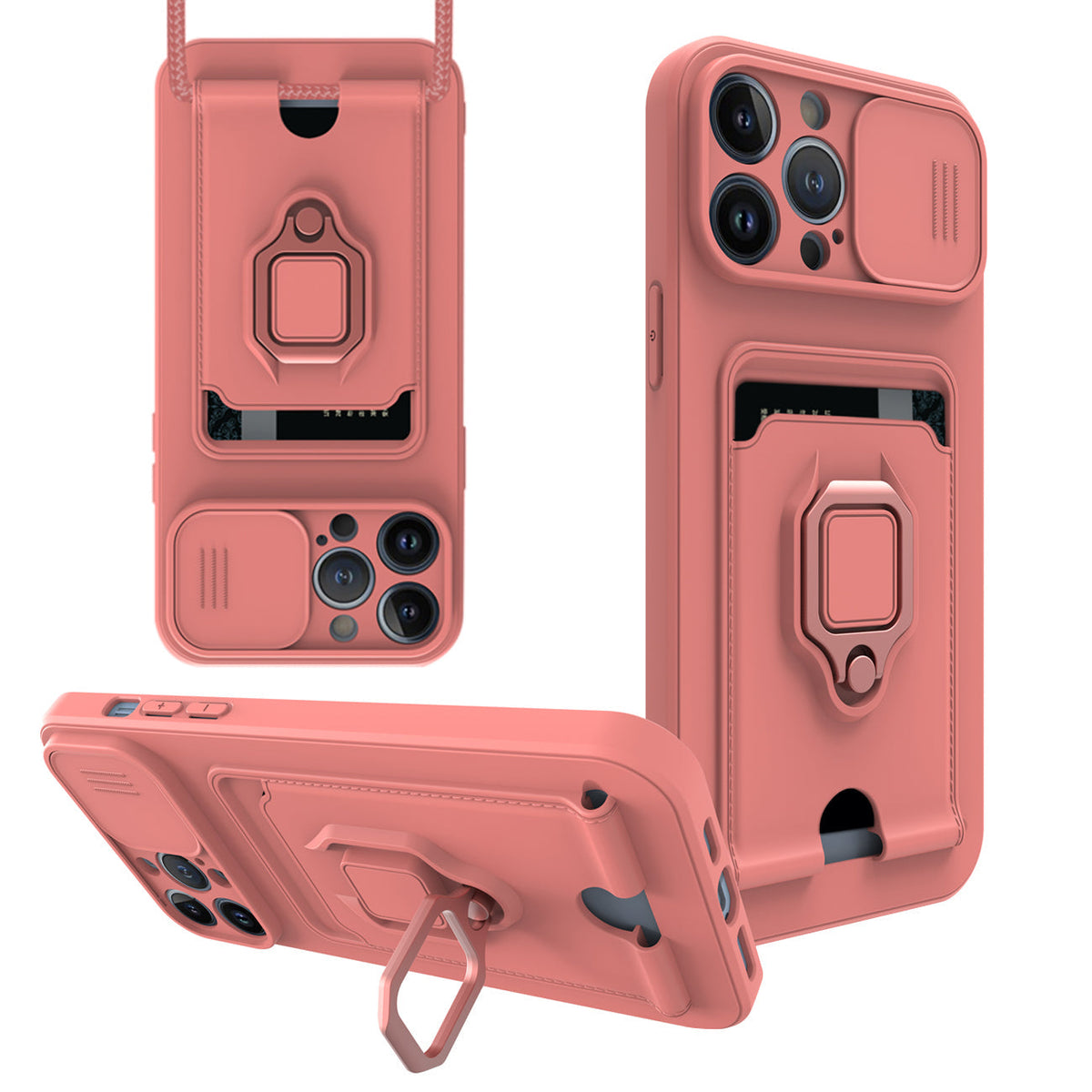 iPhone 12 Max Compatible High Quality iPhone 12 Max Case with Camera cover, Kickstand, Slide lens protection, Magnetic ring stand, Crossbody strap and Card holder In Pink - Crystal Clear Protection by