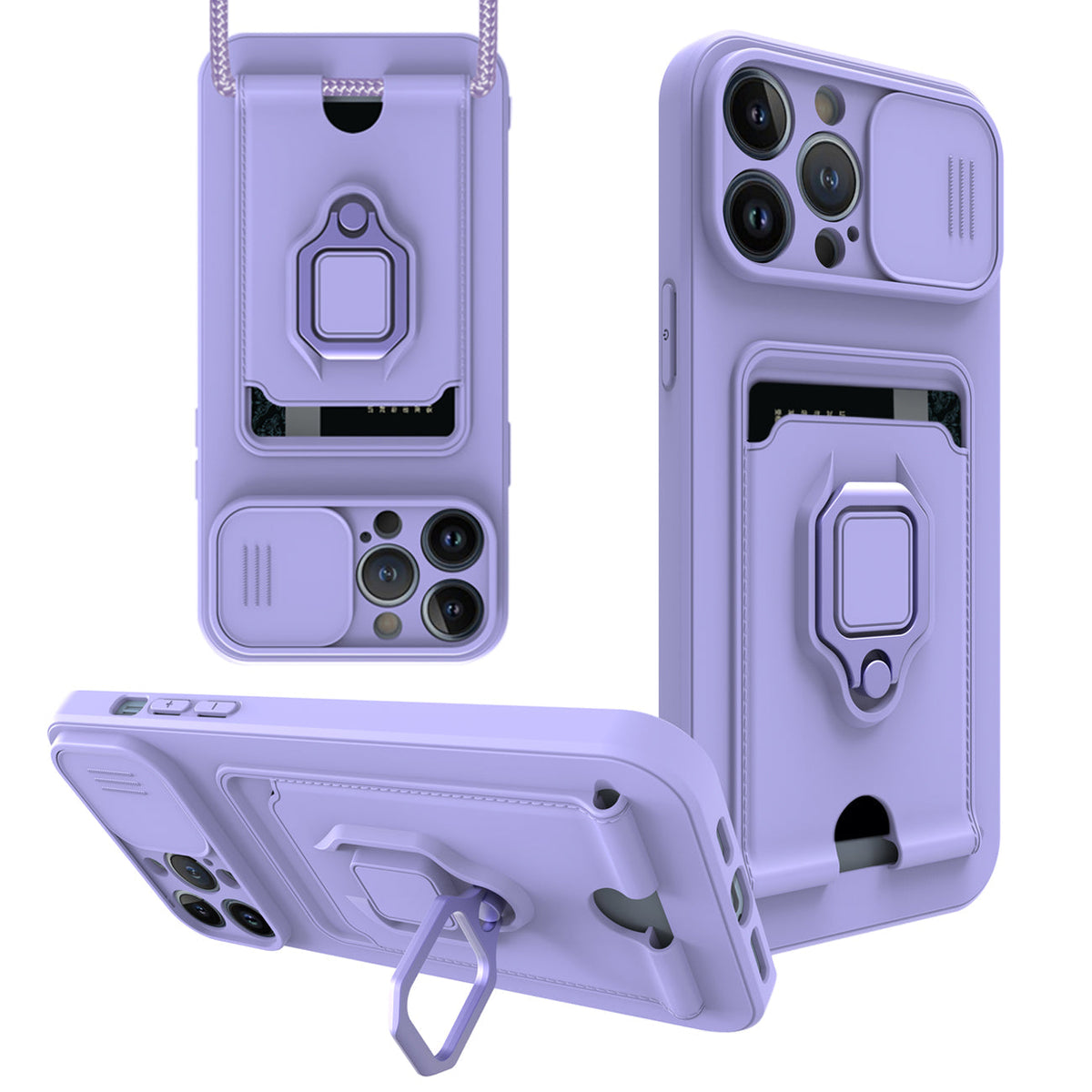 iPhone 12 Max Compatible High Quality iPhone 12 Max Case with Camera cover, Kickstand, Slide lens protection, Magnetic ring stand, Crossbody strap and Card holder In Purple - Premium Protection by