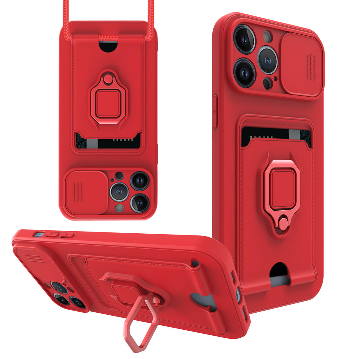 iPhone 12 Max Compatible High Quality iPhone 12 Max Case with Camera cover, Kickstand, Slide lens protection, Magnetic ring stand, Crossbody strap and Card holder In Red - Durable Protection by