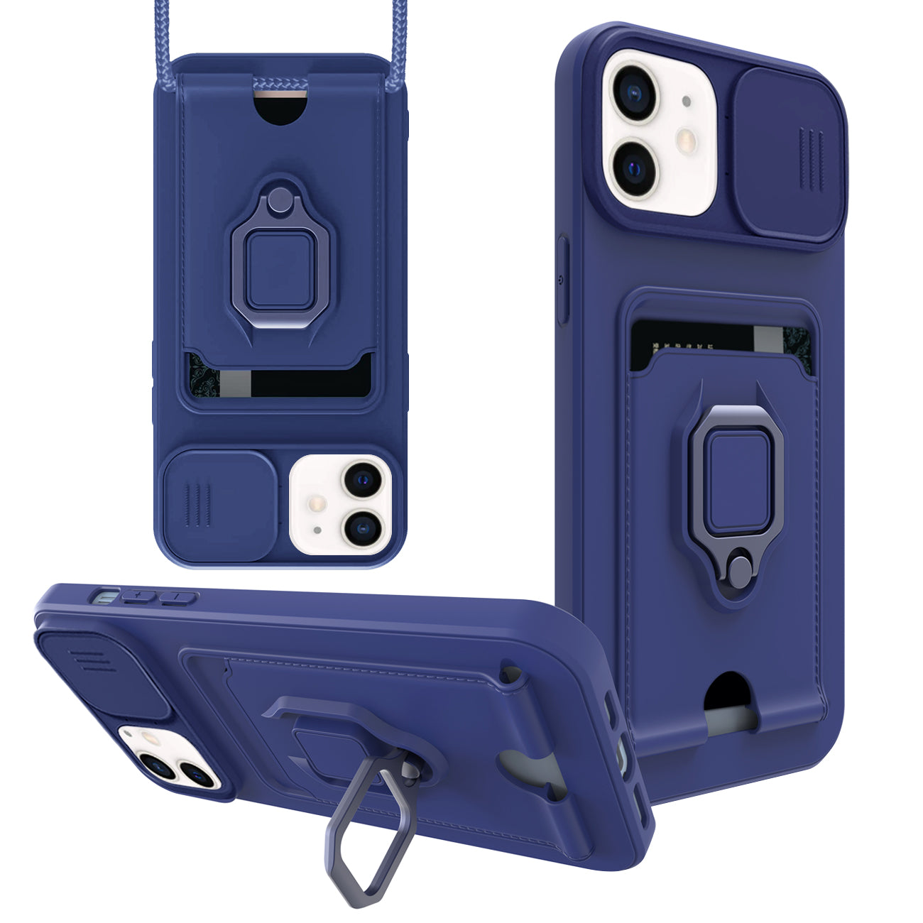 iPhone 12 Compatible High Quality iPhone 12 Case with Camera cover, Kickstand, Slide lens protection, Magnetic ring stand, Crossbody strap and Card holder In Navy - Crystal Clear Protection by