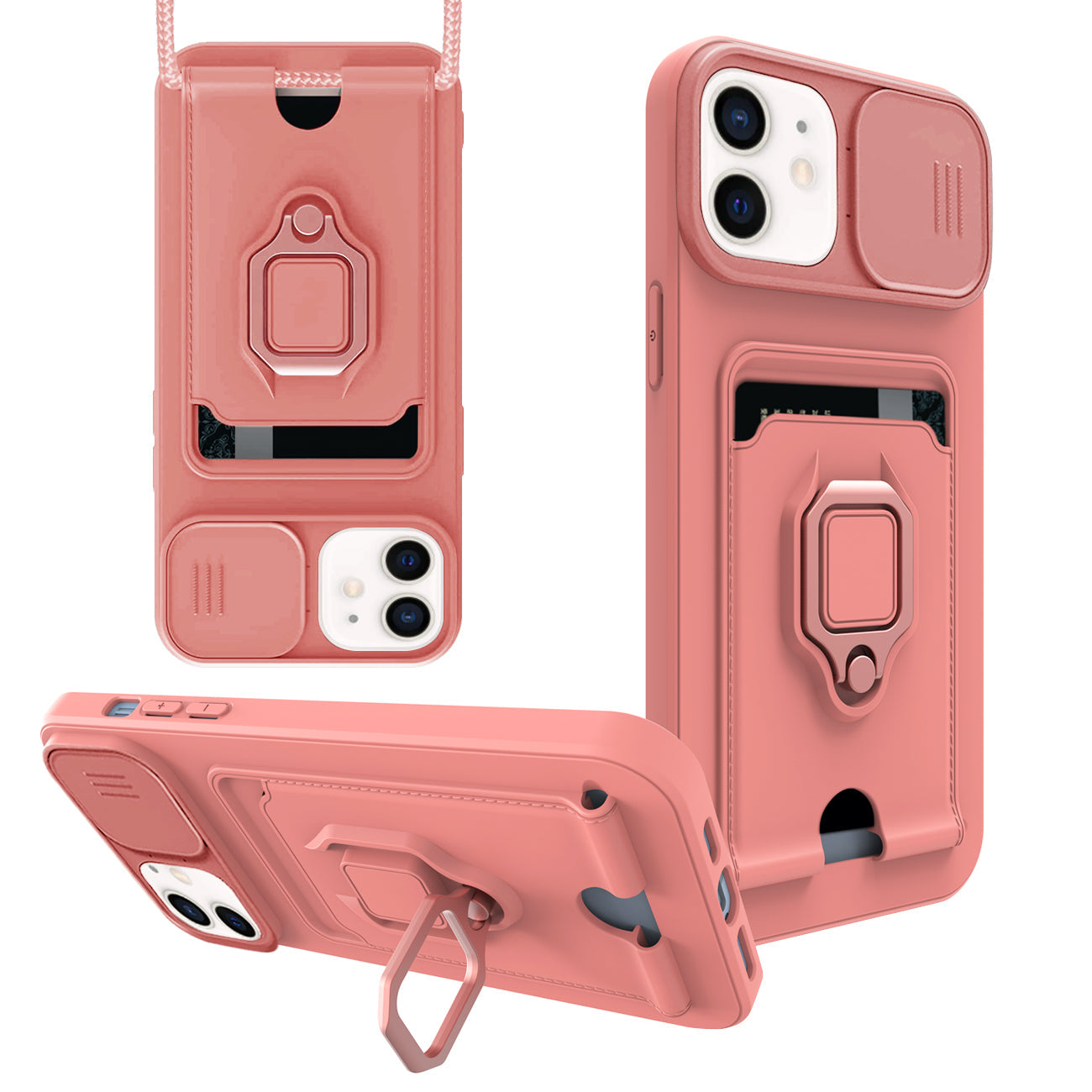 iPhone 12 Compatible High Quality iPhone 12 Case with Camera cover, Kickstand, Slide lens protection, Magnetic ring stand, Crossbody strap and Card holder In Pink - Ultra-Slim Protection by