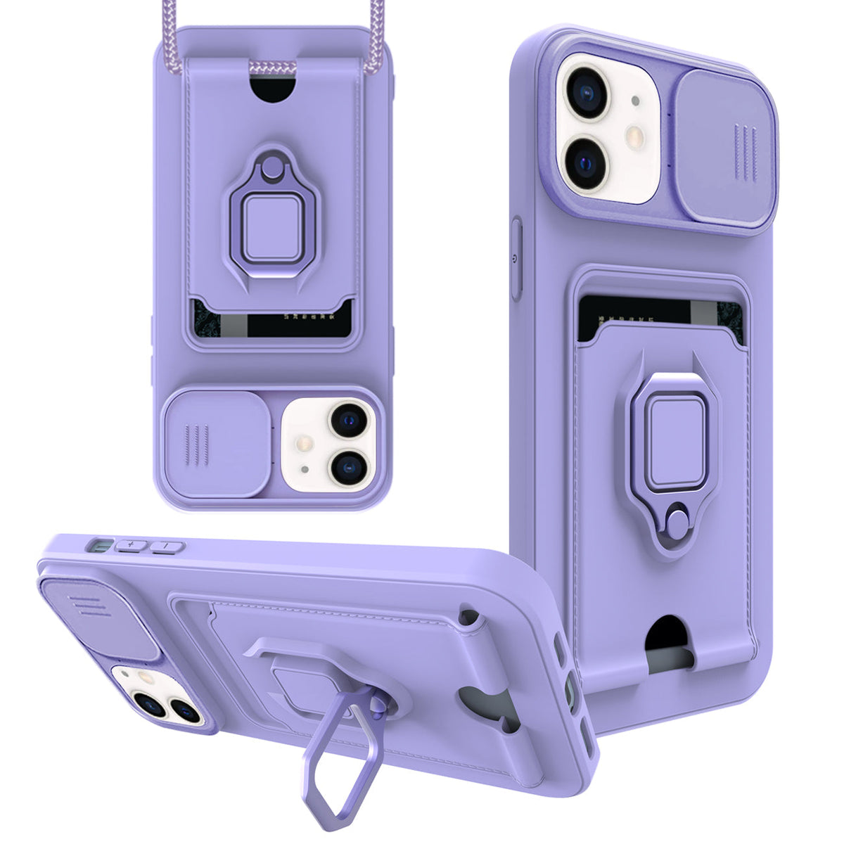 iPhone 12 Compatible High Quality iPhone 12 Case with Camera cover, Kickstand, Slide lens protection, Magnetic ring stand, Crossbody strap and Card holder In Purple - Ultra-Slim Protection by