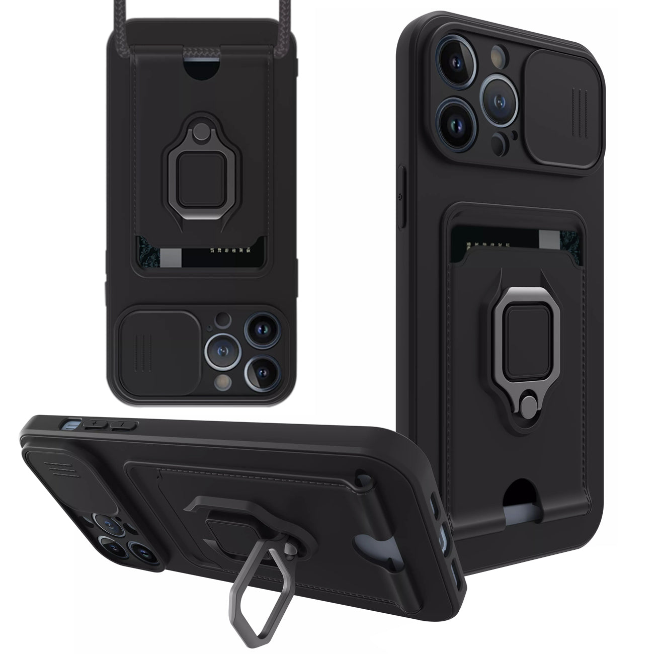 iPhone 12 Pro Compatible High Quality iPhone 12 Pro Case with Camera cover, Kickstand, Slide lens protection, Magnetic ring stand, Crossbody strap and Card holder In Black - Heavy Duty Protection by
