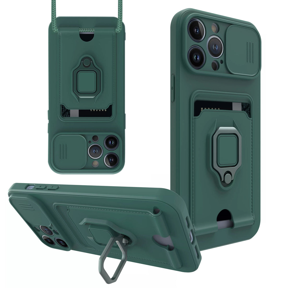 iPhone 12 Pro Compatible High Quality iPhone 12 Pro Case with Camera cover, Kickstand, Slide lens protection, Magnetic ring stand, Crossbody strap and Card holder In Green - Premium Protection by