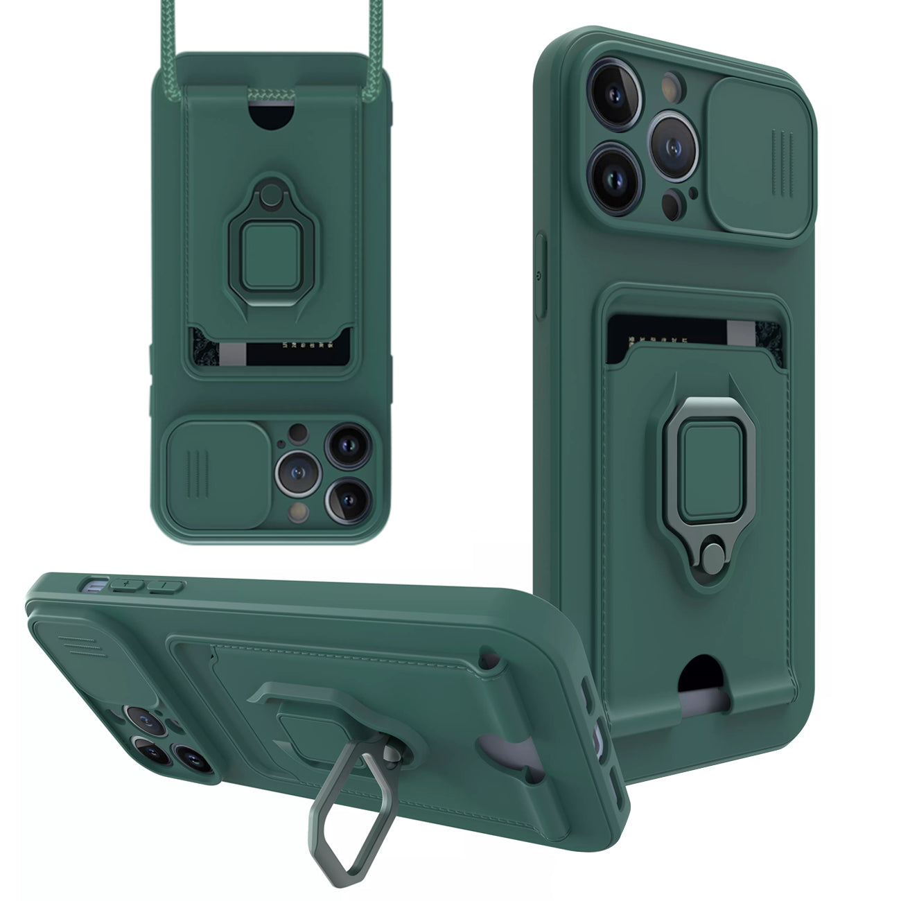 iPhone 12 Pro Compatible High Quality iPhone 12 Pro Case with Camera cover, Kickstand, Slide lens protection, Magnetic ring stand, Crossbody strap and Card holder In Green - Premium Protection by