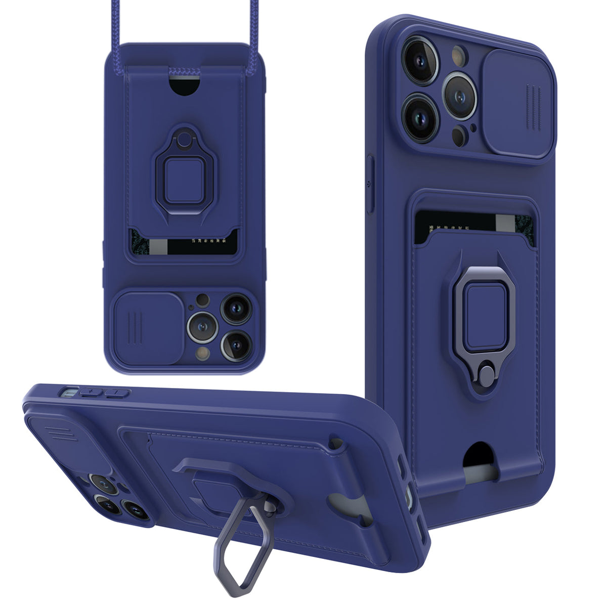 iPhone 12 Pro Compatible High Quality iPhone 12 Pro Case with Camera cover, Kickstand, Slide lens protection, Magnetic ring stand, Crossbody strap and Card holder In Navy - Crystal Clear Protection by