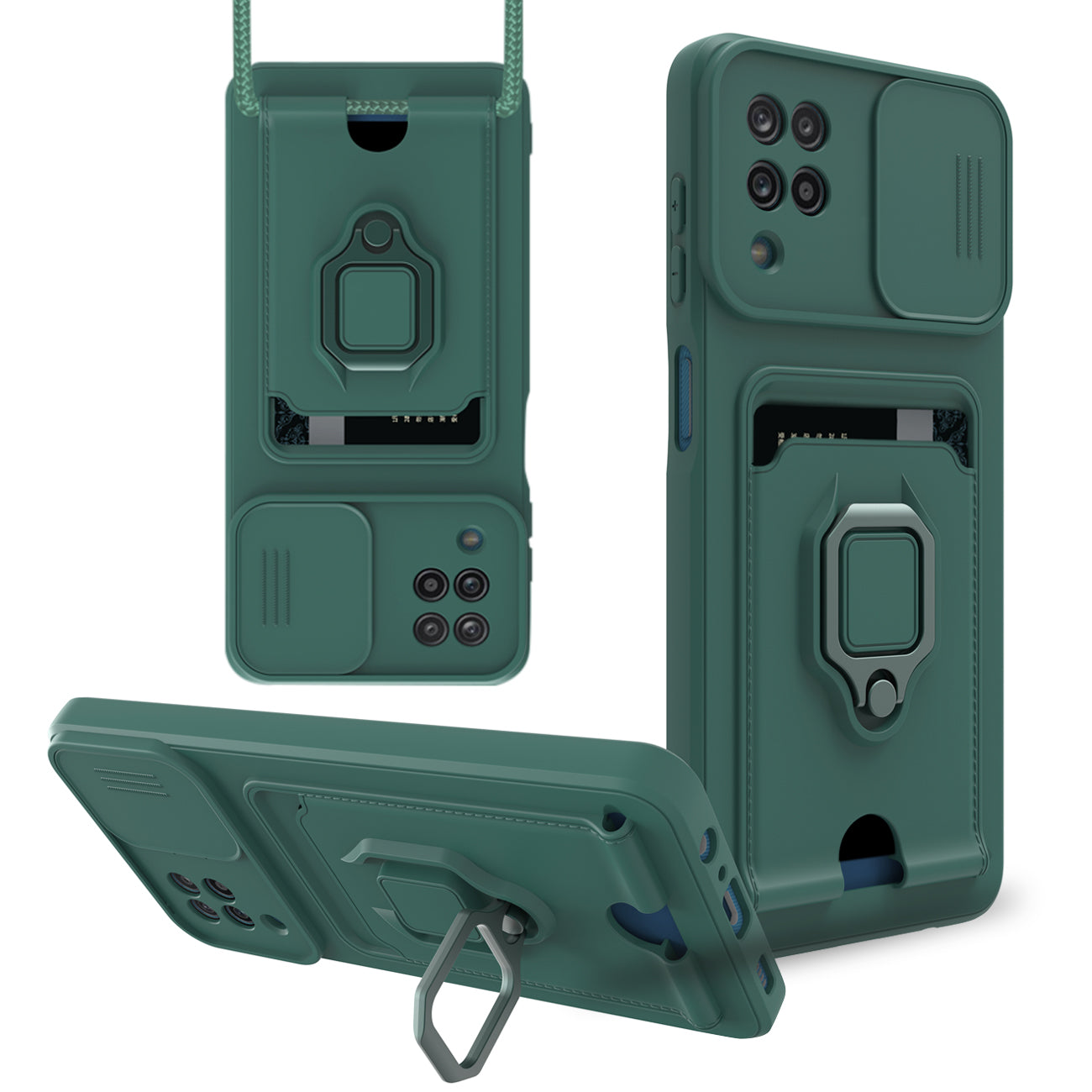 High Quality Samsung 12 5G Case with Camera cover, Kickstand, Slide lens protection, Magnetic ring stand, Crossbody strap and Card holder In Green - Heavy Duty & Reliable
