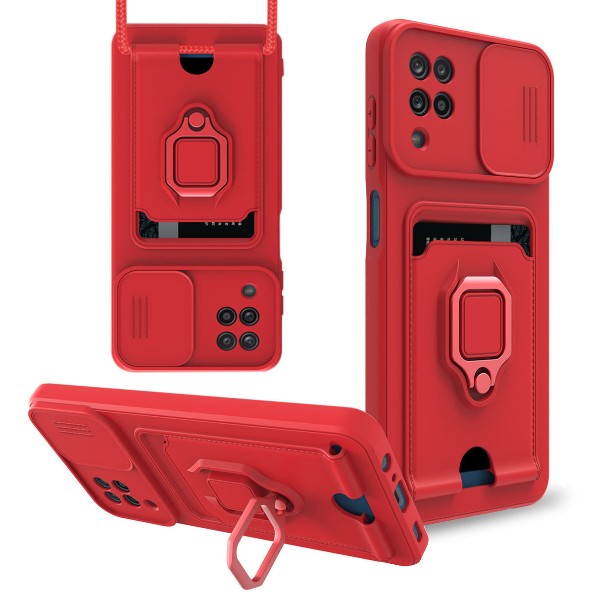High Quality Samsung 12 5G Case with Camera cover, Kickstand, Slide lens protection, Magnetic ring stand, Crossbody strap and Card holder In Red - Premium & Reliable