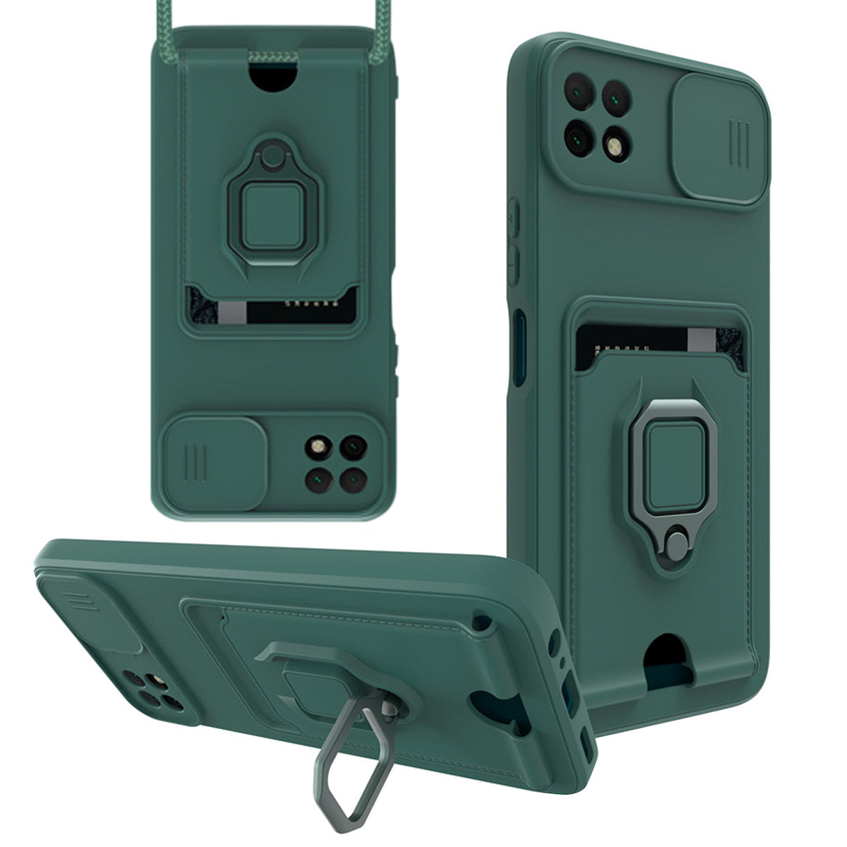 High Quality Samsung 22 5G Case with Camera cover, Kickstand, Slide lens protection, Magnetic ring stand, Crossbody strap and Card holder In Green - Shockproof & Reliable