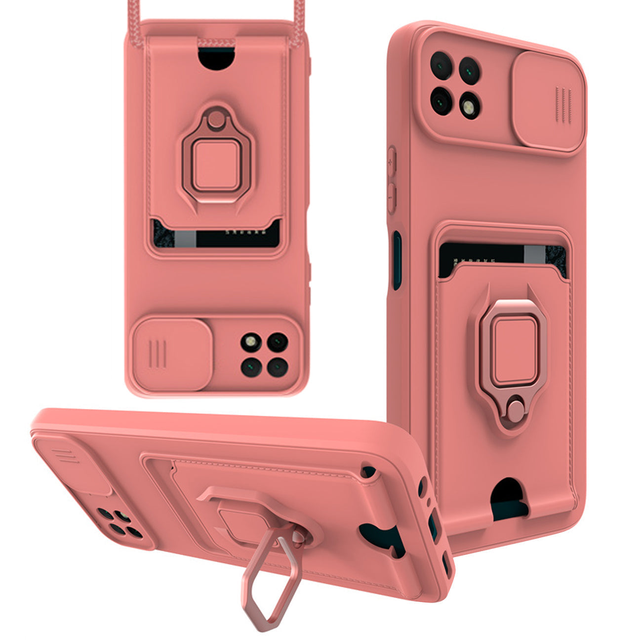 High Quality Samsung 22 5G Case with Camera cover, Kickstand, Slide lens protection, Magnetic ring stand, Crossbody strap and Card holder In Pink - Ultra-Slim & Reliable