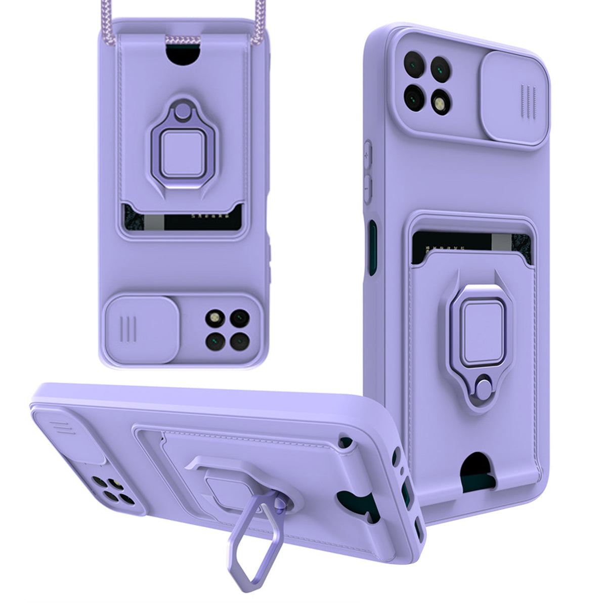 High Quality Samsung 22 5G Case with Camera cover, Kickstand, Slide lens protection, Magnetic ring stand, Crossbody strap and Card holder In Purple - Shockproof & Reliable