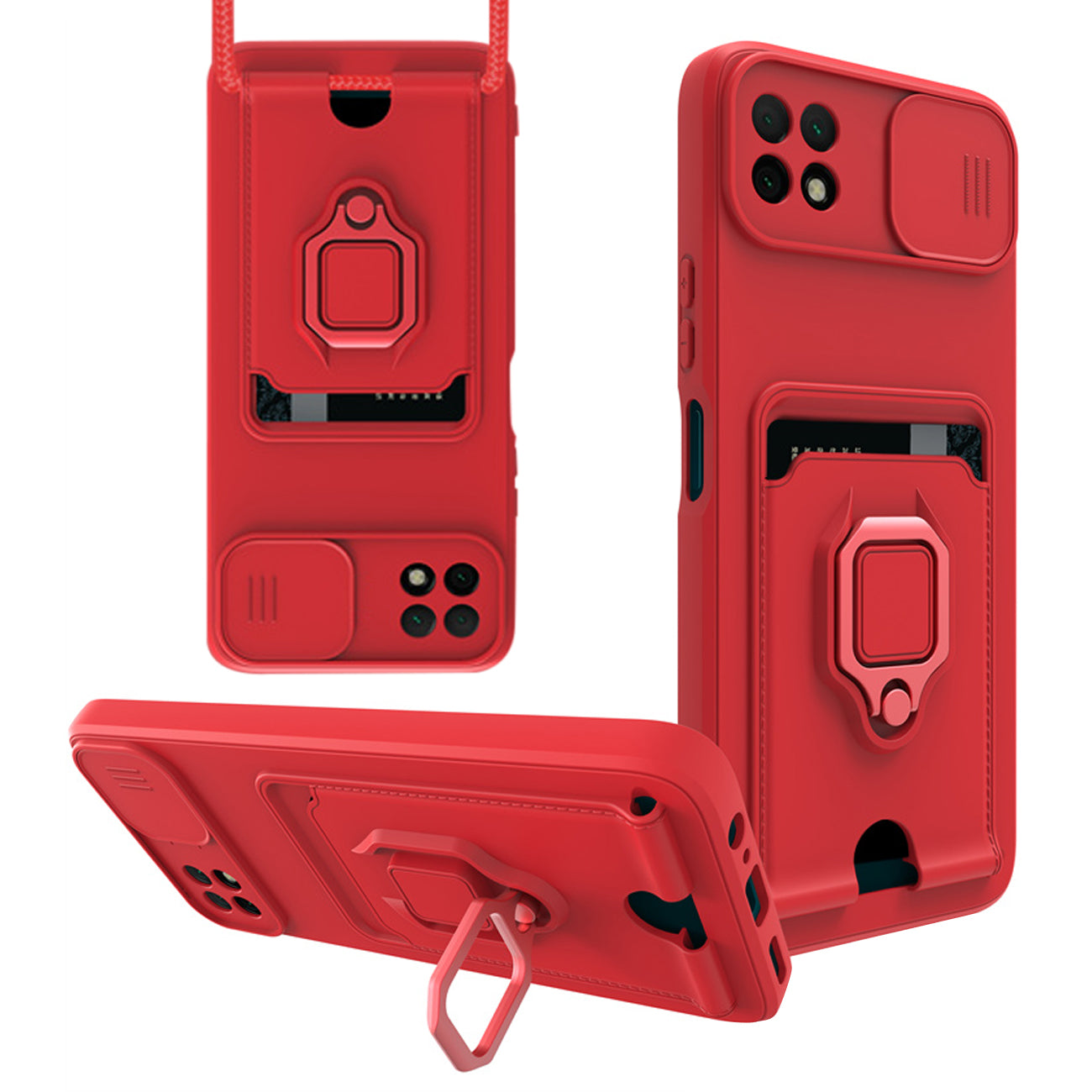 High Quality Samsung 22 5G Case with Camera cover, Kickstand, Slide lens protection, Magnetic ring stand, Crossbody strap and Card holder In Red - Premium & Reliable